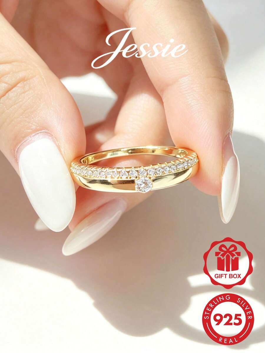 Jessie Jewelry 1pc Elegant Luxurious Shiny Textured 925 Sterling Silver Cubic Zirconia Wide Double Layer Design Ring For Women, Dating Party Gift - Double Layer - View 1