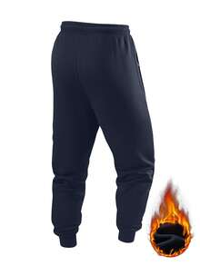 Men's Winter Thermal Lined Long Pants, Drawstring Elastic Waist Zipper Pockets Comfortable Versatile Trousers - Navy Blue - View 2