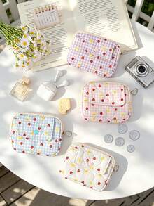 Strawberry & Plaid Print Quilted Cosmetic Bag Portable Sanitary Napkin Organizer With Keyring Cute Mini Storage Bags Heart Pattern Coin Purses Pouch - Multicolor - View 1