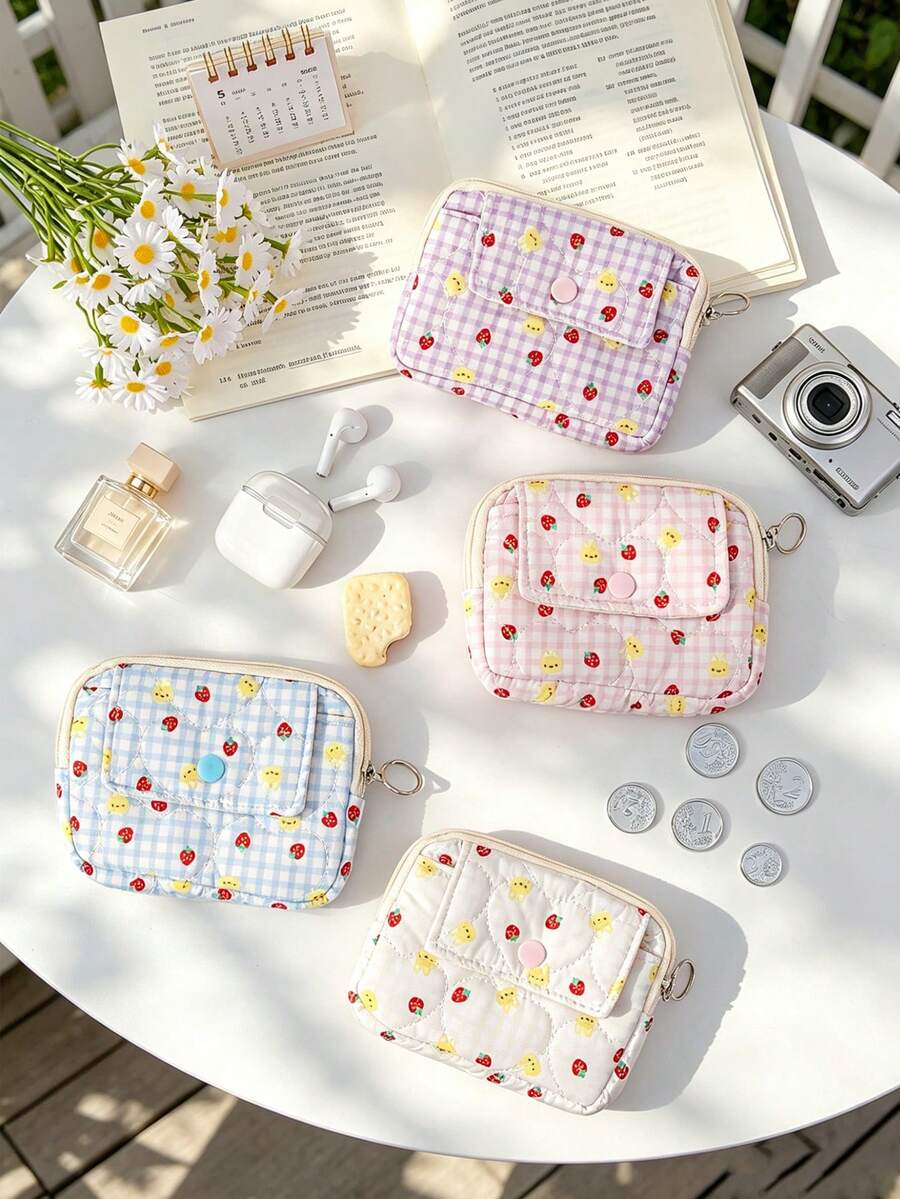 Strawberry & Plaid Print Quilted Cosmetic Bag Portable Sanitary Napkin Organizer With Keyring Cute Mini Storage Bags Heart Pattern Coin Purses Pouch - Multicolor - View 1