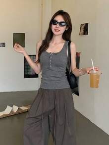 女士性感纽扣吊带背心，无袖修身露背简约休闲上衣，夏季 - 灰色 - 查看 6