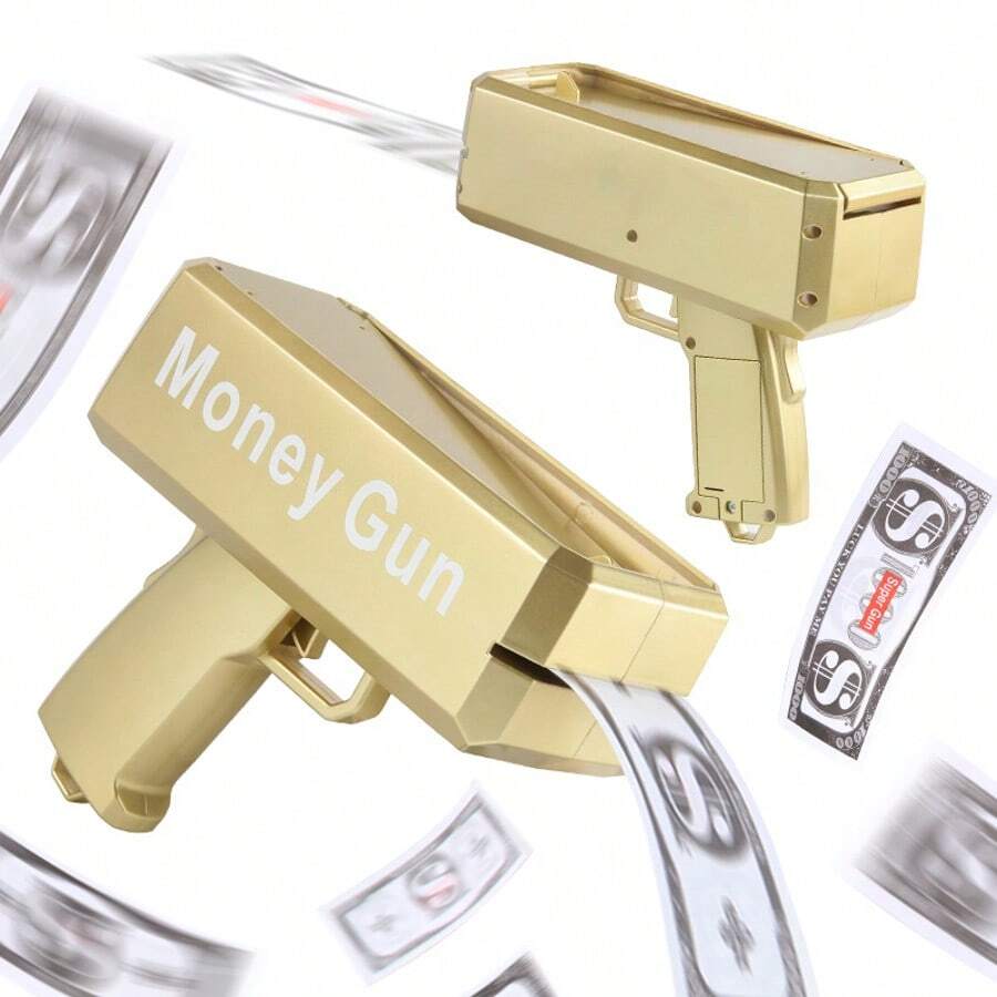 OBOVAY 派對道具金錢槍玩具，高端嘻哈亮金色，手持手槍設計，附金錢儲存倉，支援手動與自動射擊模式，適合生日派對、婚禮與萬聖節