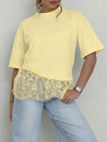 Spring New Solid Color Knit Fabric Lace Patchwork Short Sleeve T-Shirt, Casual, Sports, Office Wear For Spring/Summer - Yellow - View 2