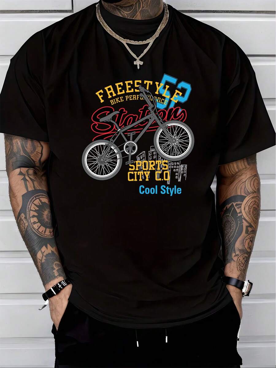 T-shirt à manches courtes en pur coton pour hommes, style libre, imprimé graphique de vélo et de lettres, top décontracté de rue pour l'été - Noir - Voir 1