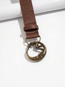 1pc Patterned Solid Color Western Cowboy Leather Belt With Vintage Buckle - Brown - View 3
