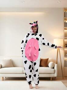 Unisex Cow Animal One-Piece Pajamas Hooded Cartoon Jumpsuit Fall Winter Christmas Animal Cosplay One Piece Pajamas - Black and White - View 3