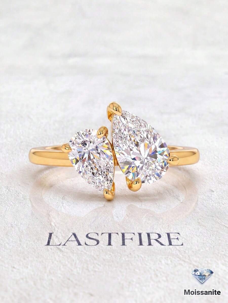 1件 1.25CT-2CT 雙水滴形莫桑石戒指 925純銀 優雅奢華 訂婚、婚禮、週年紀念禮物;新娘珠寶 - 水滴莫桑戒指 - 查看 1