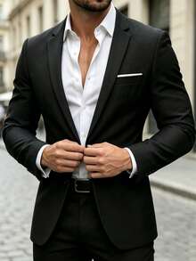 Men's Casual Lapel Single-Breasted Blazer, Elegant Suit Jacket For Spring And Autumn, Suitable For Weddings, Banquets, Business Meetings, Urban Dandy Style - Black - View 2