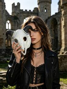 Mặt nạ đầu lâu dê trắng, mặt nạ đầu lâu động vật Gothic cong màu đen, nhẹ và thoáng khí, phù hợp cho hóa trang Halloween, biểu diễn sân khấu, chụp ảnh, đạo cụ tiệc - Nhiều kiểu dáng - Xem 1