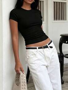 Women's Solid Color Round Neck Short Sleeve Pleated Casual T-Shirt Summer Style - Charcoal Black - View 2