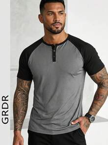 GRDR Men's Summer Contrast Color Raglan Henley Neck Short Sleeve T-Shirt, American Vintage Slim Fit Versatile Button-Up Top - Black - View 10