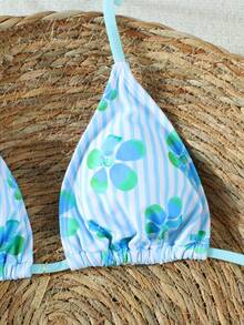 Sexy Halter Neck Casual Bikini Set For Spring/Summer Beach Vacation, Blue Floral And Striped Pattern, Suitable For Parties And Gatherings - Multicolor - View 4