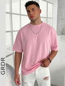 GRDR Men's Round Neck Solid Color Minimalist Short Sleeve T-Shirt, Casual Versatile For Commuting - Pink - View 1