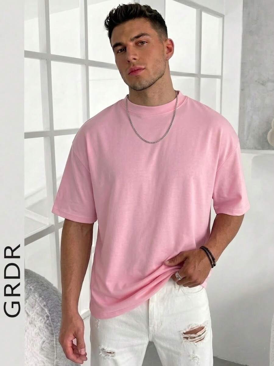 GRDR Men's Round Neck Solid Color Minimalist Short Sleeve T-Shirt, Casual Versatile For Commuting - Pink - View 1