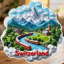 Swiss Cloud Frame Red Train Passing Through Green Valley Magnet, Whispering To Wooden Cabin, Suitable For All Metal Surfaces In Home - A - View 6