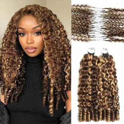 Highlight Ombre Burmese Curly Honey Blonde 4/27 Crochet Human Hair Pre-Separated 50g/Pack Time-Saving,Miracle Knots Hot Braids,4-5 Packs For Full Head Protective Styles Light Weight No Tension Reusable Feather Crochet