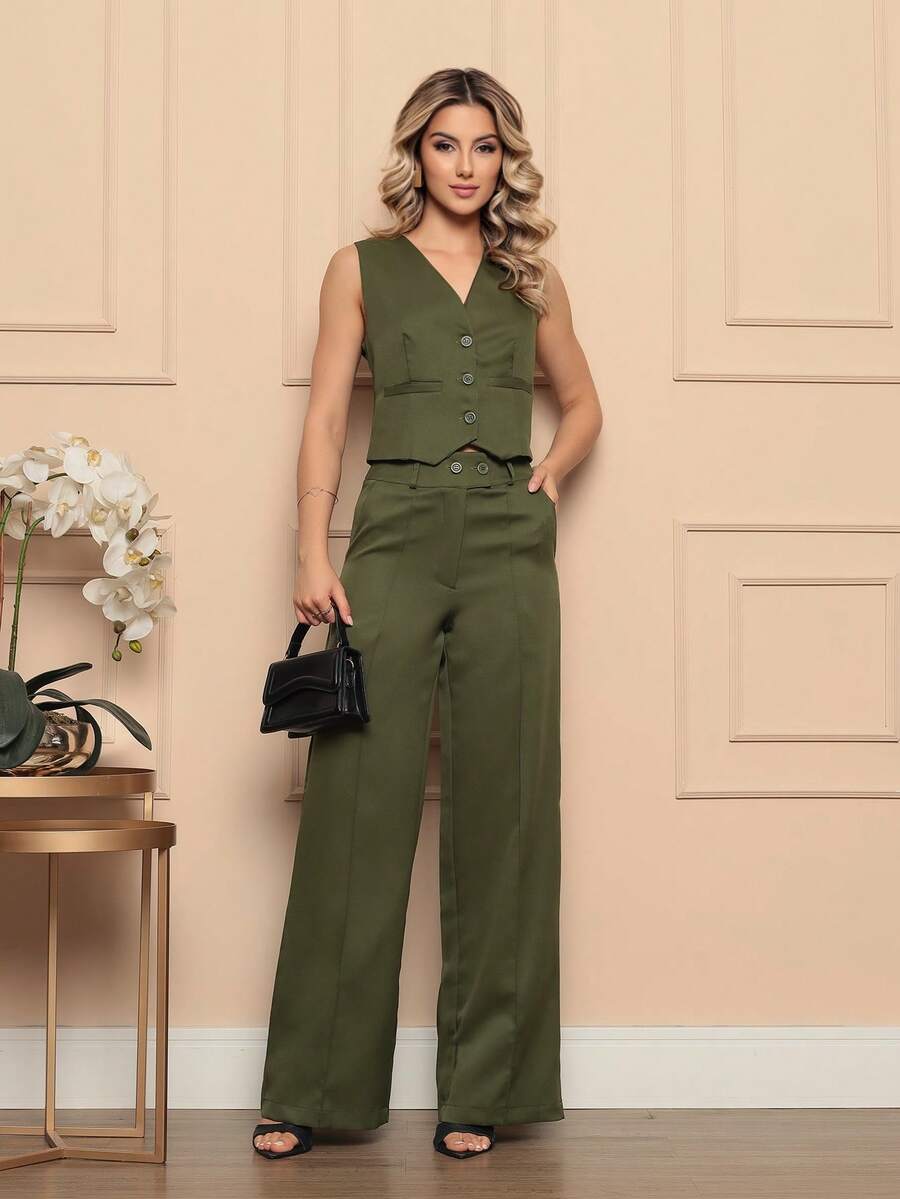 Elegant Tailored Vest And Trousers Set - Formal/Casual - 軍綠色 - 查看 1