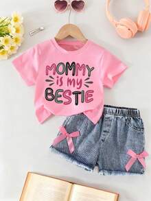 Children's Outfits For 8 To 10 Years Old, Boys' Outfits, Girls' Outfits For 11 To 14 Years Old,  On Clothing For Teenagers, Children's Outfits For 6 To 11 Years Old, Short-Sleeved Blouse Set With Letter Print - 粉色 - 查看 5