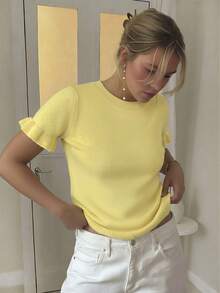 Women's Casual Solid Color Round Neck Ruffle Hem Short Sleeve Loose Wool Blend T-Shirt, Spring/Autumn Summer - Yellow - View 2