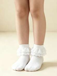 1 par de calcetines de baile con volantes de encaje blanco fino para niños/adolescentes - Blanco - Ver 3