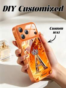 1pc Customizable Text And Letter Rhinestone Apple Design Tempered Glass Phone Case, Compatible With IPhone 17 ProMax/17 Air/15/16 Pro/14 Plus/13 Pro/12 Pro Max/11, Tempered Glass Camera And Back Protection, Large Window Phone Protective Shell, Best Gift For Friends And Family - Orange - View 3