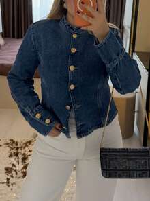 Camellia Spring/Summer New European And American Fashion Minimalist Gold-Plated Button Denim Jacket For Women Casual - Blue - View 2