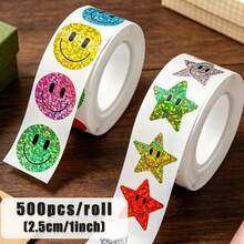 500pcs Holographic Star & Smiling Face Roll Stickers, Round Smiling Face Holographic Stickers, Self-Adhesive Labels For Teachers, Parents, School, Learning, Training, Party, Birthday, Motivation, Encouragement, Gift Decoration, Stationery Stickers - Cartoon - View 1