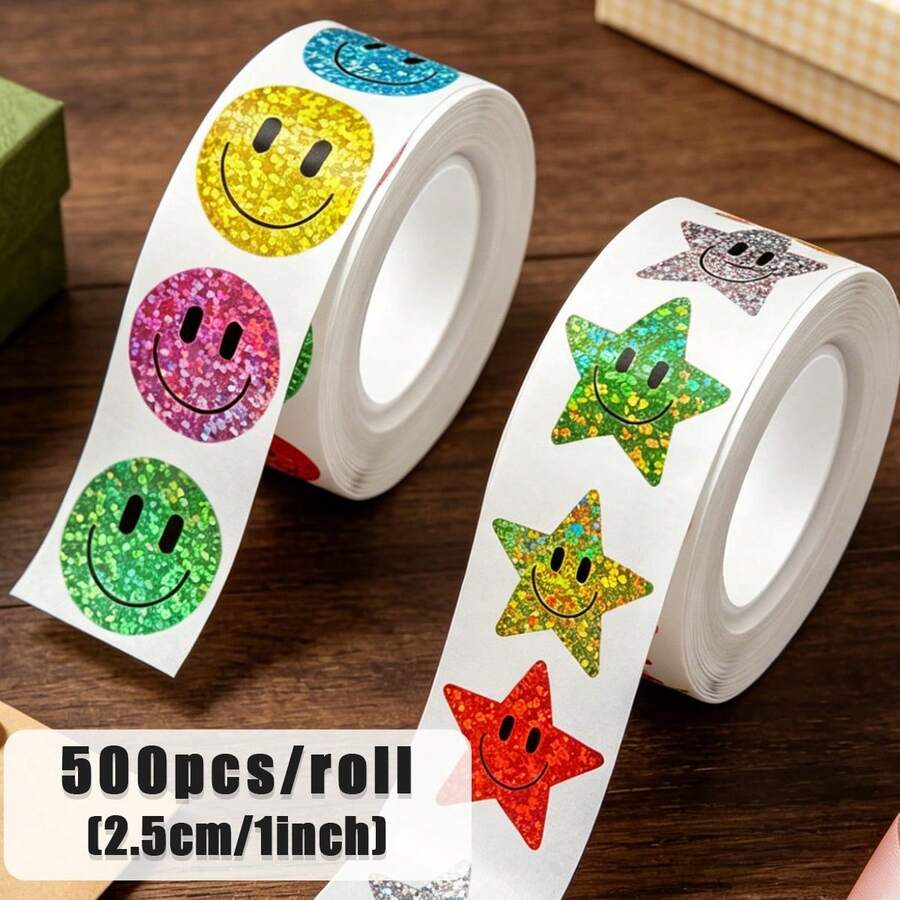 500pcs Holographic Star & Smiling Face Roll Stickers, Round Smiling Face Holographic Stickers, Self-Adhesive Labels For Teachers, Parents, School, Learning, Training, Party, Birthday, Motivation, Encouragement, Gift Decoration, Stationery Stickers - Cartoon - View 1