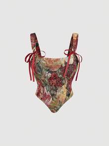 Top de tirantes con estampado floral retro, con cordones delanteros y traseros, top de invierno, top para salir, ropa de playa para mujer, ropa para mujer, ropa de fiesta para mujer, ropa p - Burdeos - Ver 1