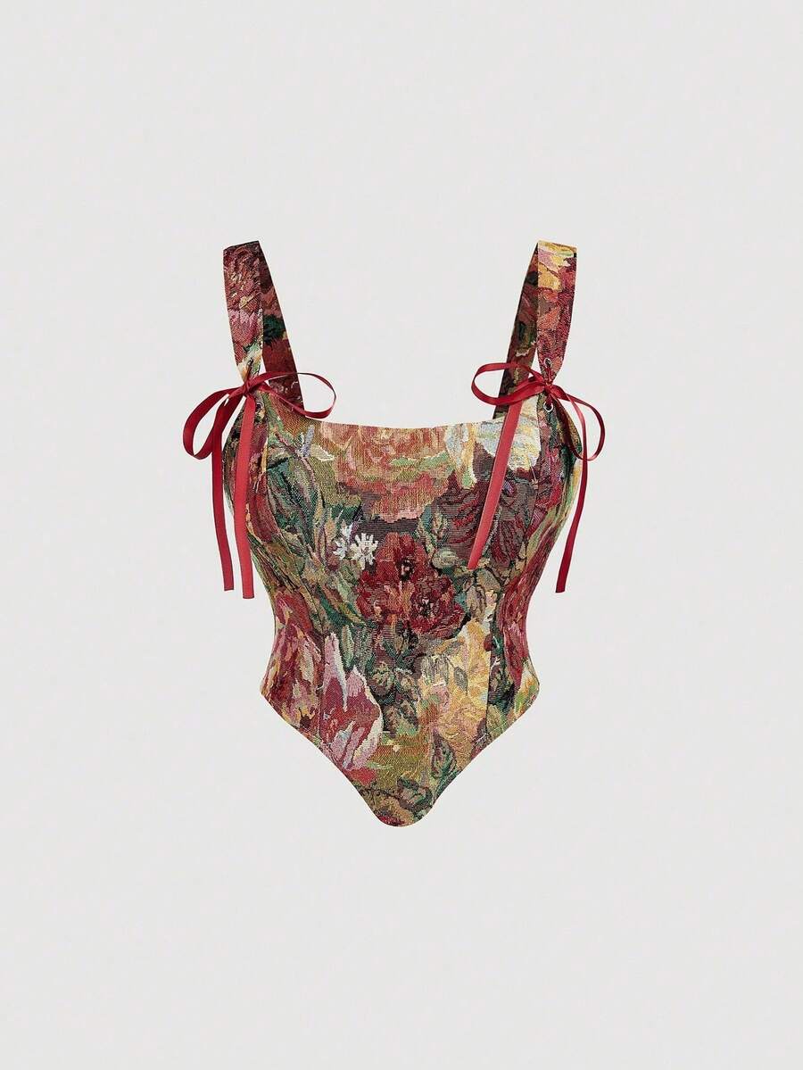 Top de tirantes con estampado floral retro, con cordones delanteros y traseros, top de invierno, top para salir, ropa de playa para mujer, ropa para mujer, ropa de fiesta para mujer, ropa p - Burdeos - Ver 1