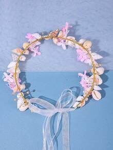1pc Women's Mori Style Floral Shell Handmade Headband White Beach Hair Accessory Spring Outdoor Party Accessory Bridal Wedding Headpiece - Pink - View 7