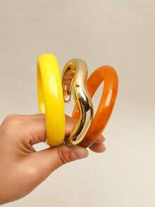 3pcs Yellow Round Minimalist Bangle Set, Versatile Fashion Wrist Accessory, Suitable For Women's Daily, Holiday And Casual Wear - Yellow - View 1