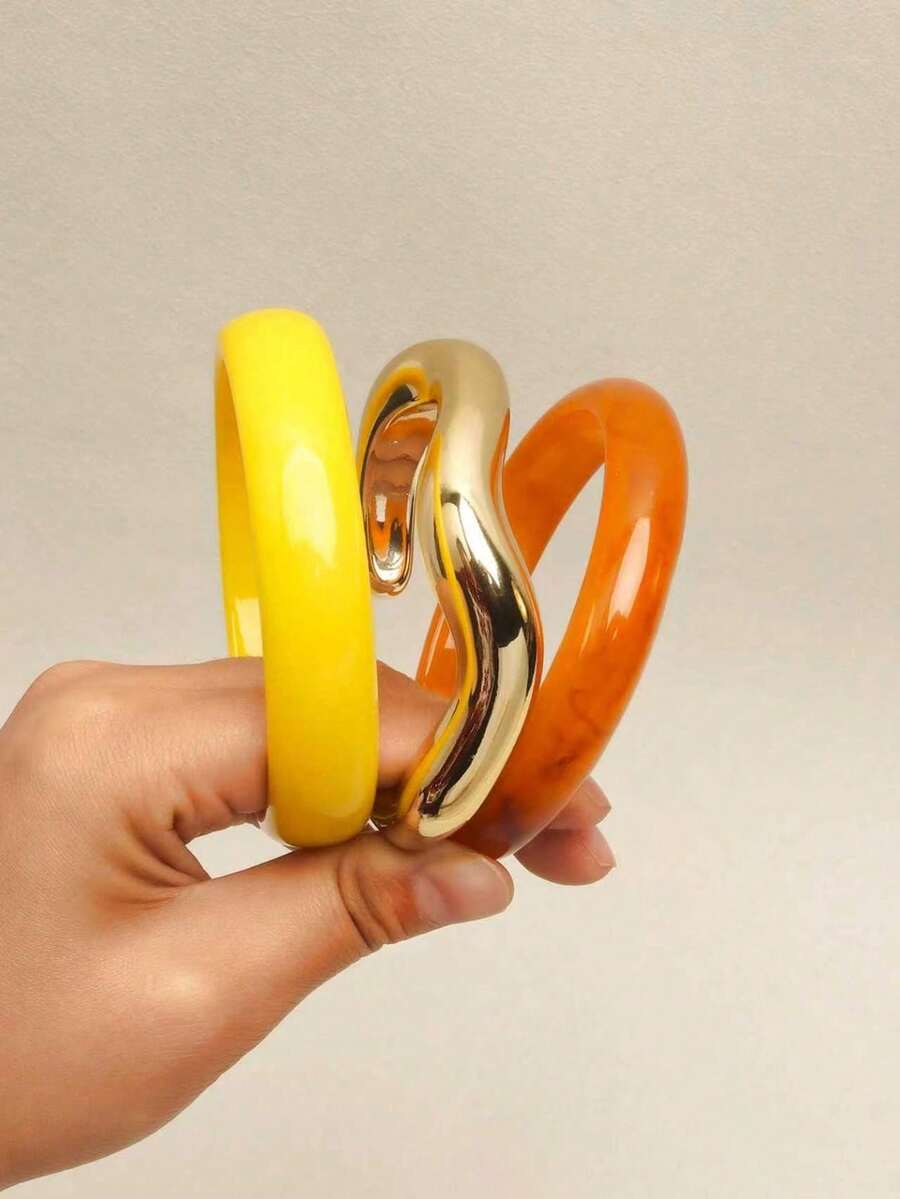 3pcs Yellow Round Minimalist Bangle Set, Versatile Fashion Wrist Accessory, Suitable For Women's Daily, Holiday And Casual Wear - Yellow - View 1