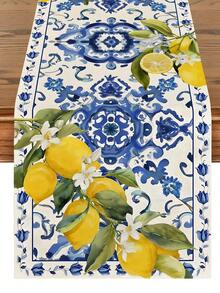 1pc Lemon Blue & White Porcelain Summer Table Runner, Spring Kitchen Dining Table Home Gathering Decor 13 X 48, 13 X 72 - View 9
