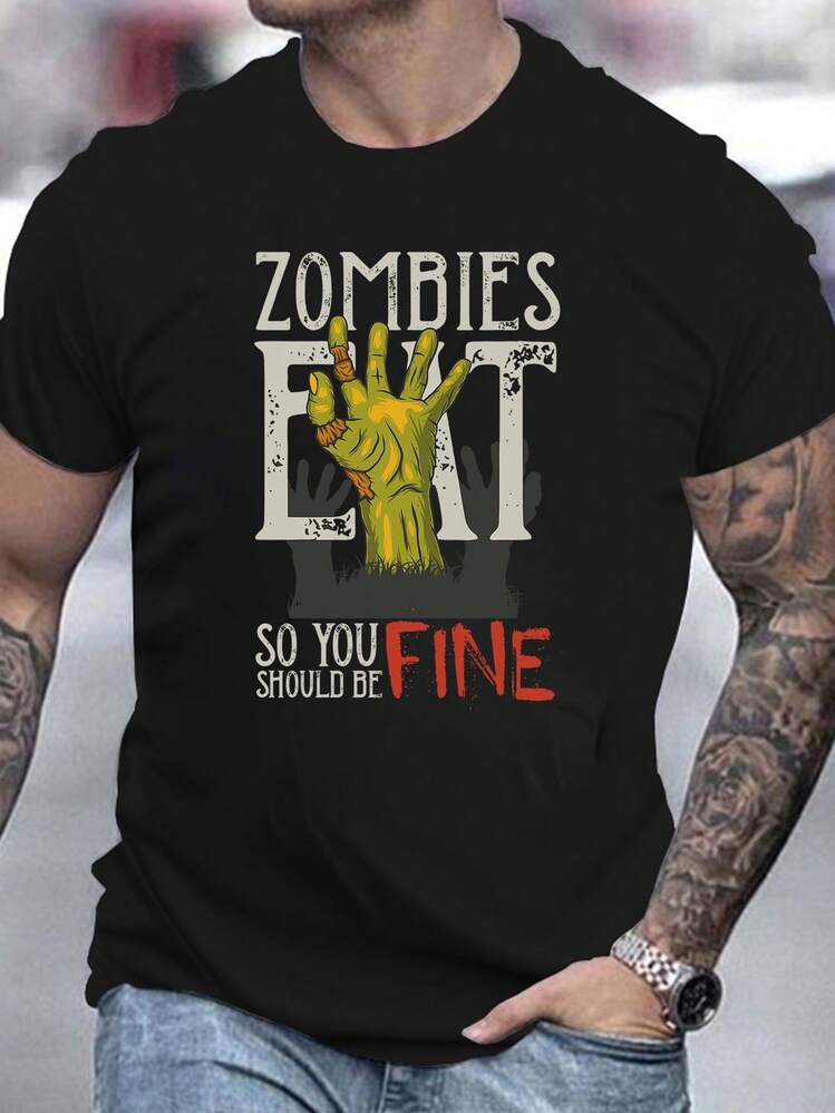 Men's Pure Cotton Oversized Short Sleeve T-Shirt Casual Summer Zombie Graphic Print Tee - Black - View 1