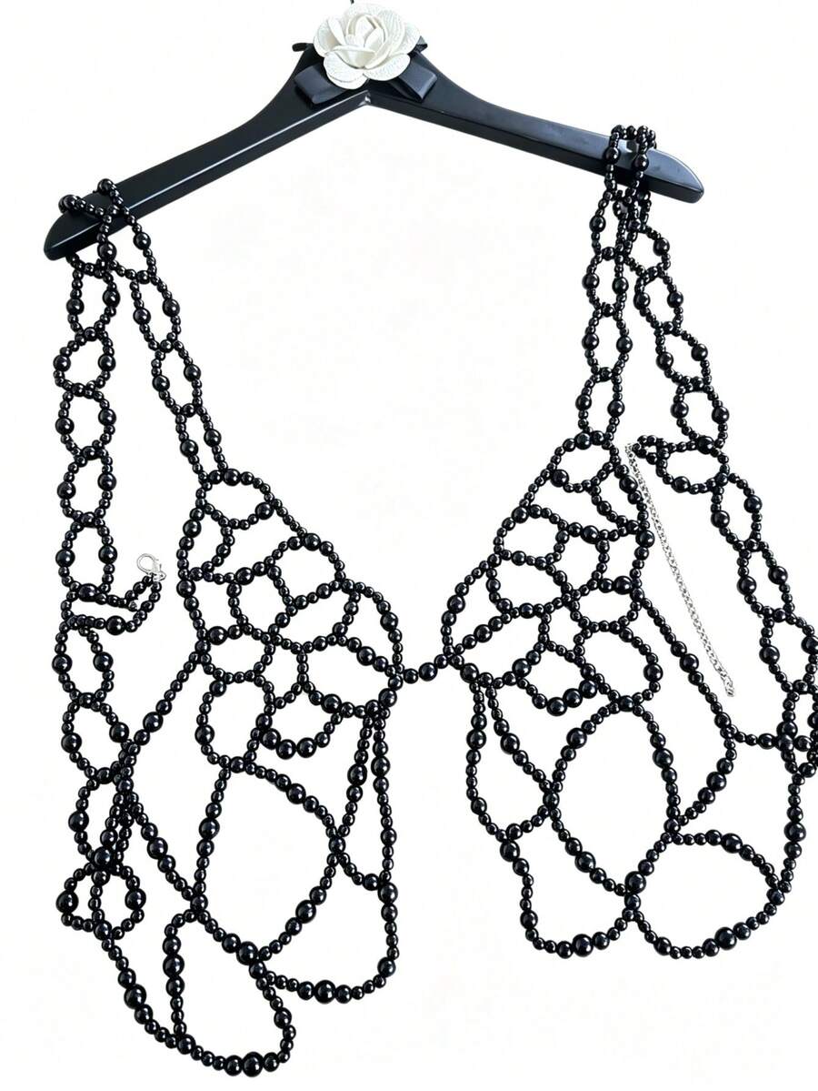 DEKUNER Corrente de corpo Y2K feita à mão com contas pretas em forma de borboleta, top harness de malha de rede oca em camadas, acessório de peito gótico ajustável - Preto - Ver 1