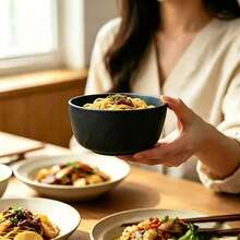 Set Of 4 Handmade Black Ceramic Bowls With Wavy Texture, Suitable For Dinner, Oatmeal, Salad, Soup, Ideal For Home Kitchen, Restaurant, Picnic And Camping, Microwave And Dishwasher - Black - View 4