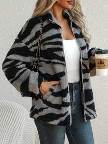 Women's Print Ultra-Thin Zip-Up Jacket, Striped All-Over Print, Casual Home Wear - Grey - View 5