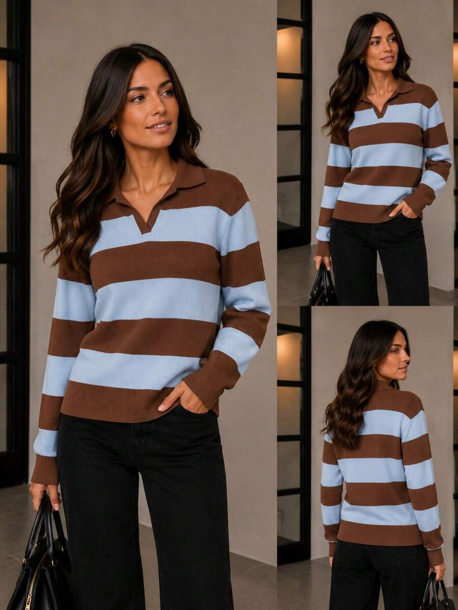 Women's Striped Knit Blouse With Polo Collar And Long Sleeves - Light Blue-brown - View 1