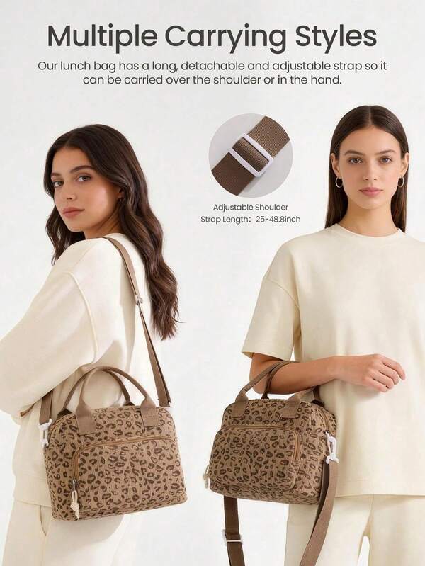 1 pieza Bolsa de almuerzo aislada con estampado de leopardo para mujer, bolsa de almuerzo reutilizable de gran capacidad con correa para el hombro, bolsa de almuerzo de pana con diseño de cereza linda, bolsa enfriadora, adecuada para trabajo, oficina, escuela, viajes, picnic, bolsa de almacenamiento de alimentos aislada de moda, bolsa de picnic multifuncional