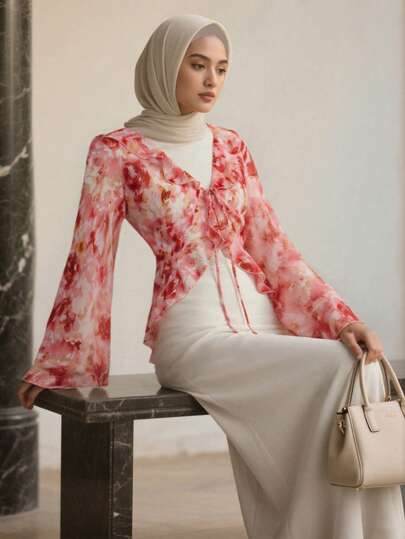 Áo blouse nữ Hồi giáo thanh lịch thời trang họa tiết hoa, tay chuông bèo nhún