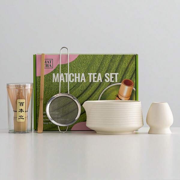 5-Piece Matcha Tea Set, Complete Matcha Brewing Kit With Matte Striped Ceramic Bowl And Sifter, Traditional Japanese Tea Ceremony Tools, Suitable For Home Use And Gifting
