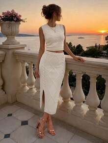 Women's Elegant Knit Sleeveless Top + Skirt 2-Piece Set, Casual Commute Office Daily Holiday Beach Wear, Spring/Summer - Apricot - View 3