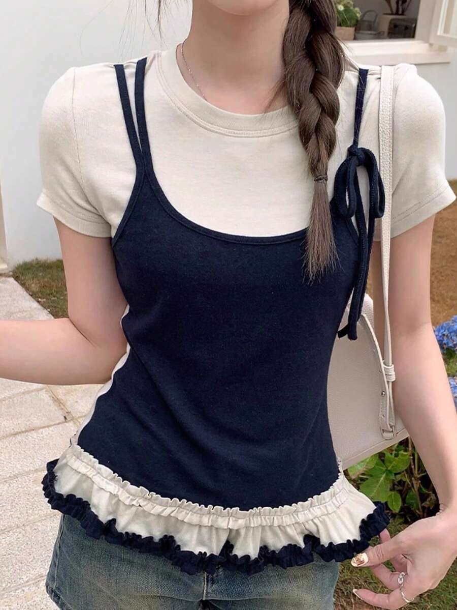 Korean-Style American Summer New Ruffle Hem 2 In 1 Short Sleeve T-Shirt, Top For Women - Navy Blue - View 1
