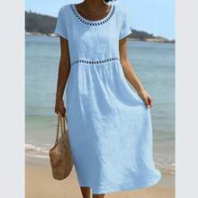 Vestido algodón lino liso cuello redondo manga corta ribete encaje, verano 2026 europeo mujer - Negro - Ver 9