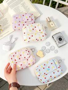 Strawberry & Plaid Print Quilted Cosmetic Bag Portable Sanitary Napkin Organizer With Keyring Cute Mini Storage Bags Heart Pattern Coin Purses Pouch - Multicolor - View 2