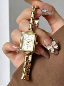 This Fashionable Women's Rectangular Dial Wristwatch, Exquisitely Designed And Elegant, Perfect For Commuting Wear - Gold - View 6
