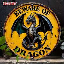2D Flat 1pc Winged Beast Metal Tin Sign, Yellow Round Sign, Design 7.8X7.8 Round Sign - Beware Of Dragon Rustic Metal Wall Art, Metal Wall Decor, Suitable For Home, Garage, Restaurant, Cafe Wall Decoration Sign, 2D Flat - Multicolor - View 2
