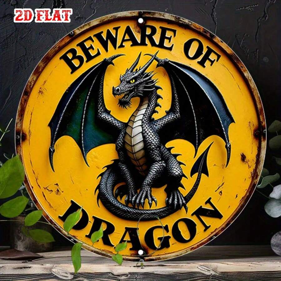 2D Flat 1pc Winged Beast Metal Tin Sign, Yellow Round Sign, Design 7.8X7.8 Round Sign - Beware Of Dragon Rustic Metal Wall Art, Metal Wall Decor, Suitable For Home, Garage, Restaurant, Cafe Wall Decoration Sign, 2D Flat