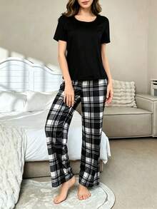 女款藍色短袖上衣與格紋長褲2件組睡衣家居服 - 黑色 - 查看 2